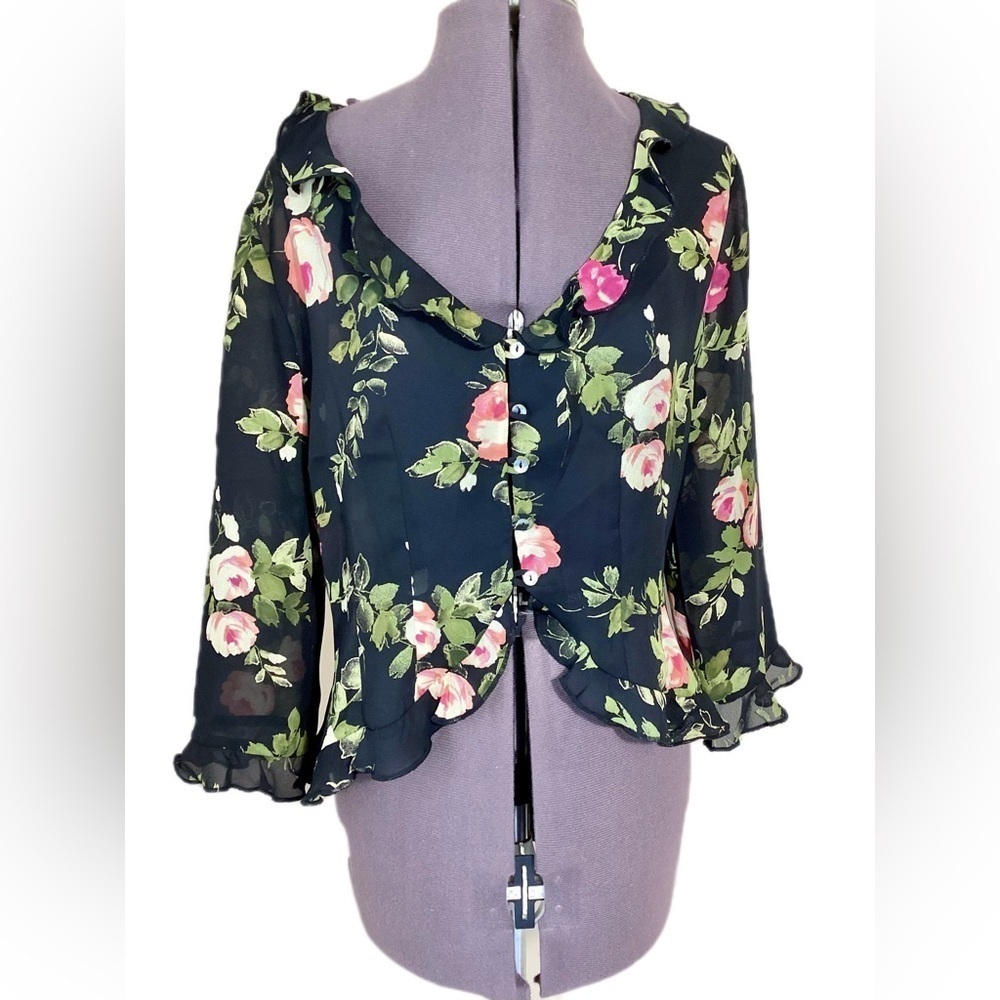 90s Y2K Vintage CDC Cardigan Floral Ruffle Topper Size 8 - Picture 2 of 16